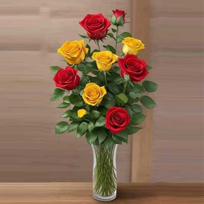 "Red and yellow Roses in a crystal vase - Click here to View more details about this Product